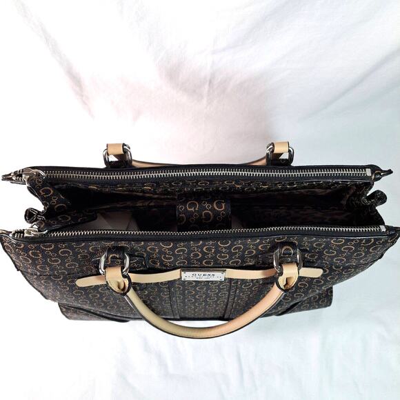 Guess Logo Satchel Handbag Tote Large Multiple Compartments Coasted Canvas Black - Picture 4 of 16